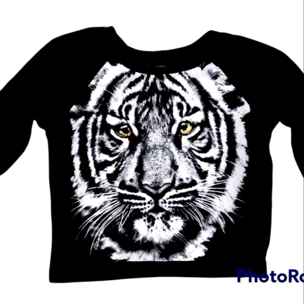 XXL SABER TOOTH TIGER W GOLD SPARKLE EYES 3/4 SLEEVED BLACK SWEATSHIRT
